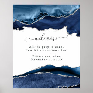 Affiche Bienvenue au mariage Navy et Agate argentée