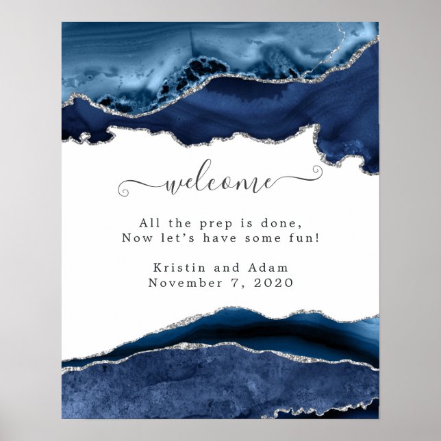 Affiche Bienvenue au mariage Navy et Agate argentée (Devant)