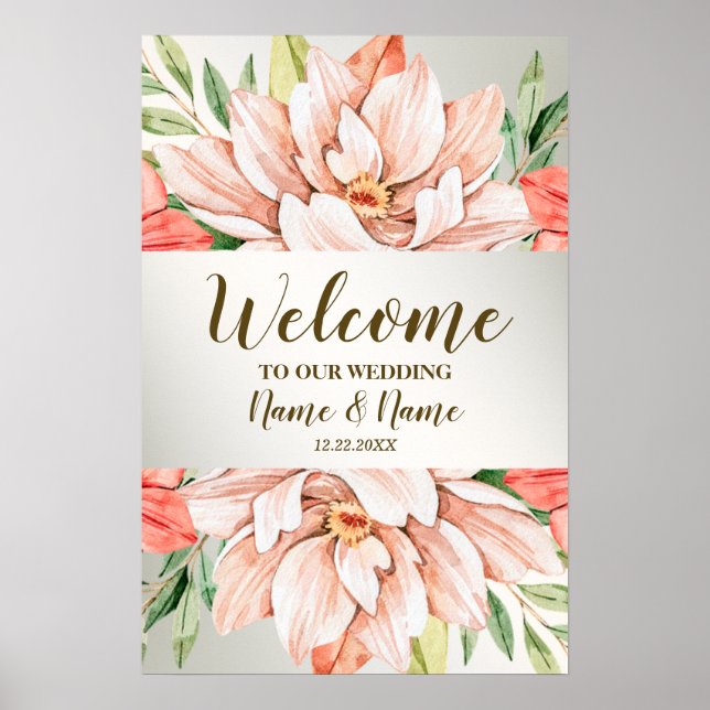 Affiche Bienvenue au mariage Peach Orange Fleurs Feuilles (Devant)