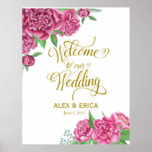 Affiche bienvenue au mariage peony rose signe or rose