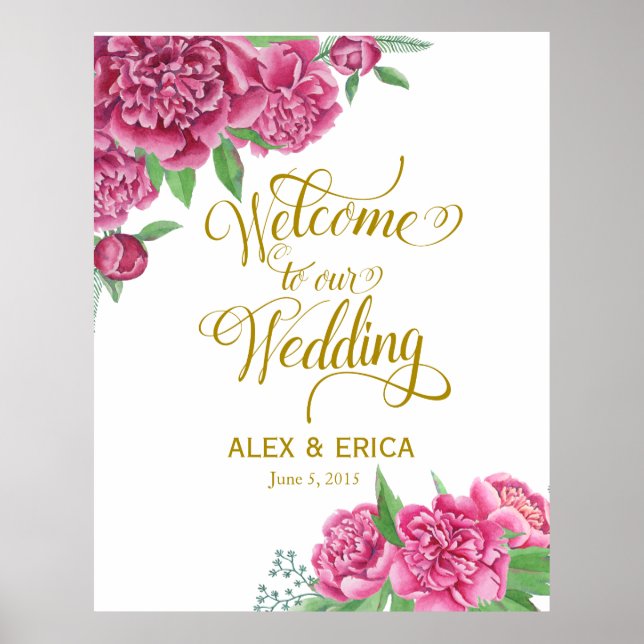 Affiche bienvenue au mariage peony rose signe or rose (Devant)