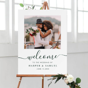Affiche Bienvenue au mariage photo calligraphie verte élég