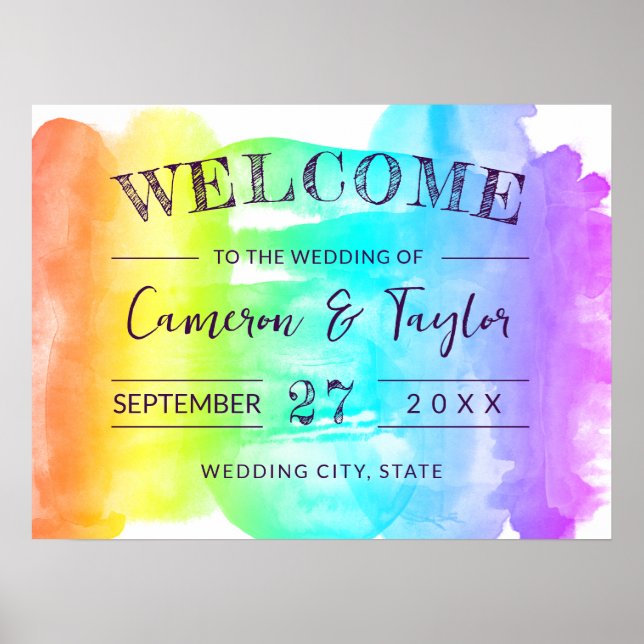 Affiche Bienvenue au Mariage Rainbow Watercolor Splash LGB (Devant)