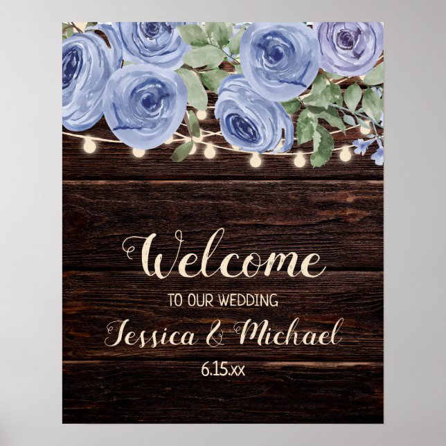 Affiche Bienvenue au mariage Rustique Bois Bleu Floral Gui (Devant)