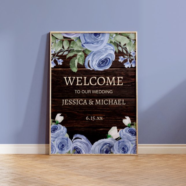 Affiche Bienvenue au mariage Rustique Bois Floral Bleu  (Rustic wood, string lights, and dusty blue flowers wedding welcome sign)