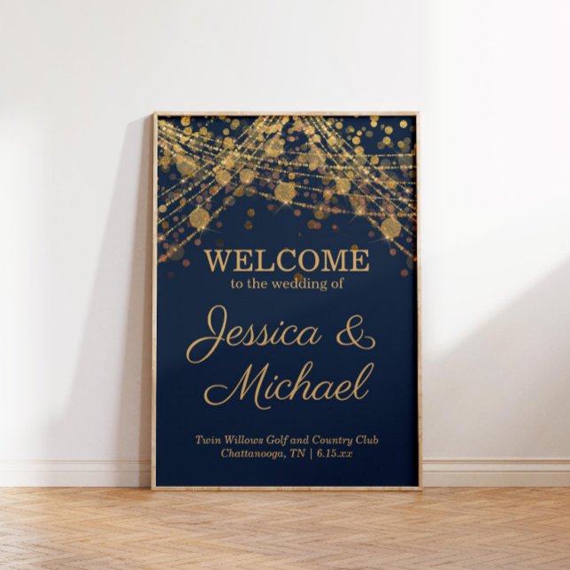 Affiche Bienvenue au mariage Rustique Glam Bleu Nuit Or (Rustic glam navy blue and gold string light wedding welcome poster)