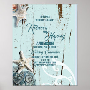 Affiche bienvenue au mariage sur la plage coquillage bleu