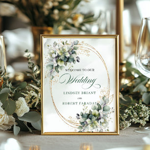 Affiche Bienvenue au mariage sur table en vert sauge boho 