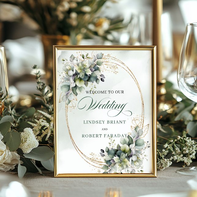 Affiche Bienvenue au mariage sur table en vert sauge boho  (Boho Sage Green Botanical Tabletop Wedding Welcome Sign)