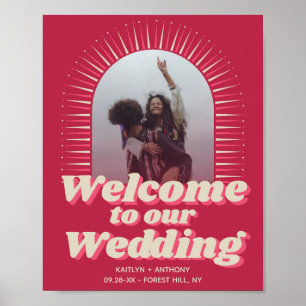 Affiche Bienvenue au mariage Viva Magenta Groovy Rétro des