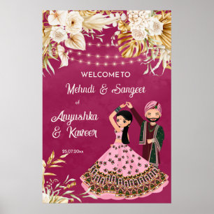 Affiche Bienvenue au mehndi sangeet rose et or mariage ind