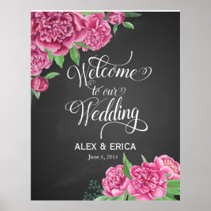 Affiche bienvenue au panneau rose mariage peony