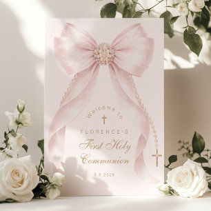 Affiche Bienvenue au premier saint-communion avec noeud ro