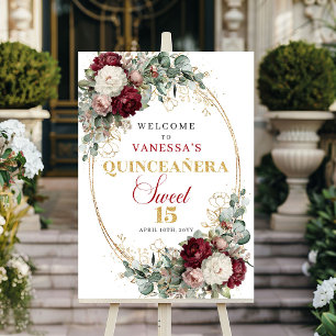 Affiche Bienvenue au Quinceañera Rouge Floral Doré Rouge C
