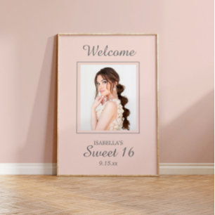 Affiche Bienvenue au Sweet 16 Rose Pâle avec Nom et Photo 