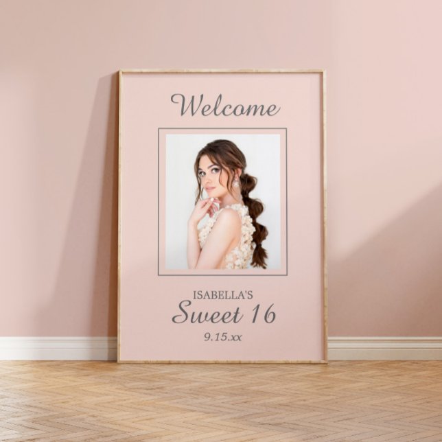 Affiche Bienvenue au Sweet 16 Rose Pâle avec Nom et Photo  (Créateur téléchargé)