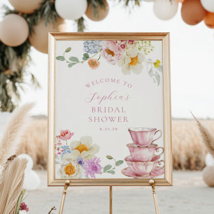 Affiche Bienvenue au thé de mariage avec infusion de fleur