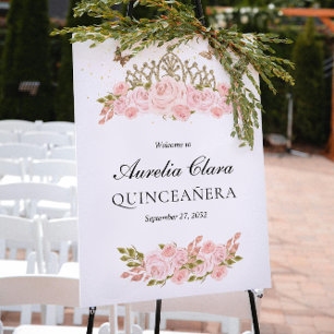 Affiche Bienvenue au Tiara doré floral rose pâle Quinceane