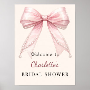 Affiche Bienvenue avec un grand nœud rose et des perles en