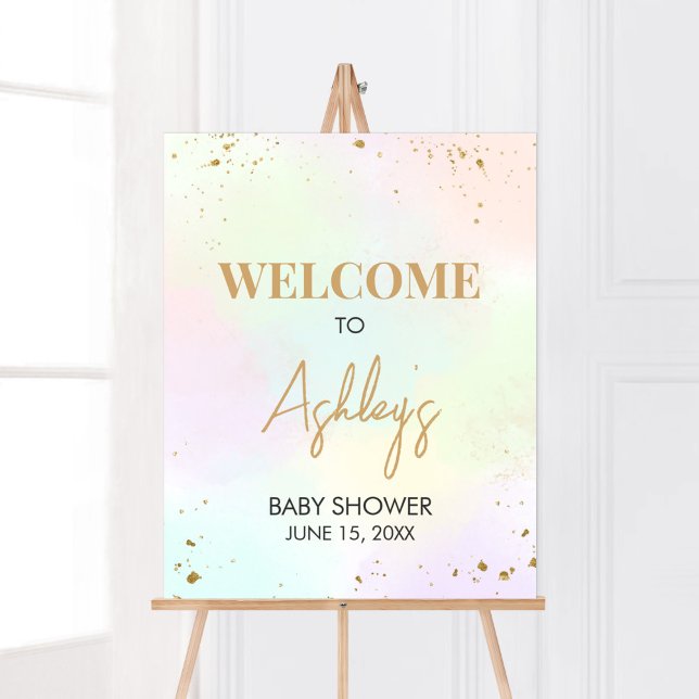 Affiche Bienvenue Baby shower arc-en-ciel aquarelle (Pastel Gold Sprinkle Baby Shower Welcome Sign)