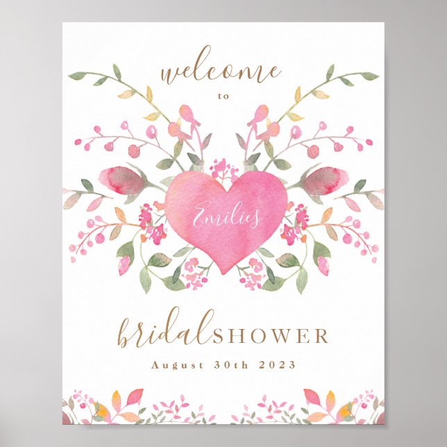 Affiche Bienvenue Baby Shower Cœur Rose et Fleurs (Devant)