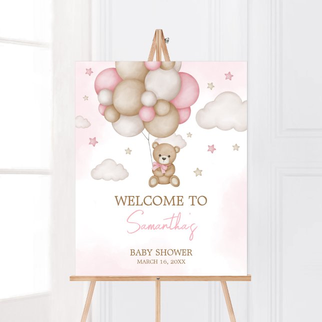 Affiche Bienvenue Baby shower de ballons pour filles ours (Pink Boho Bear Balloon Baby Shower Welcome Sign)