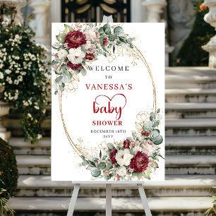 Affiche Bienvenue Baby Shower Floral Eucalyptus Or Bourgog