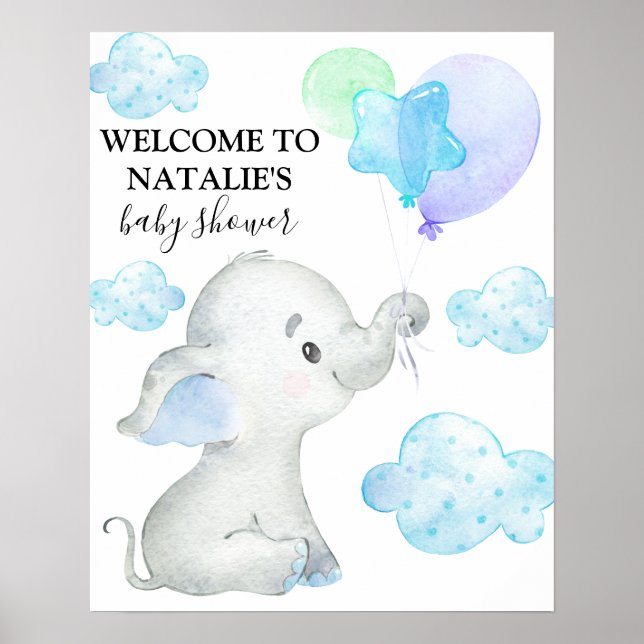 Affiche Bienvenue Baby shower garçon Eléphant mignonne (Devant)