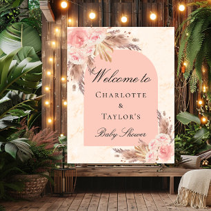 Affiche Bienvenue baby shower herbe de pampa rose gold blu