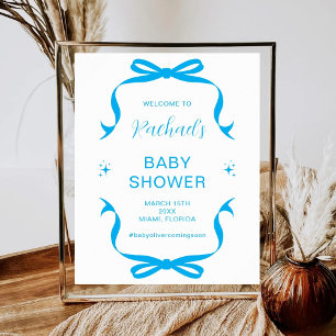 Affiche Bienvenue Baby Shower Minimal Bleu Ruban 1er Anniv