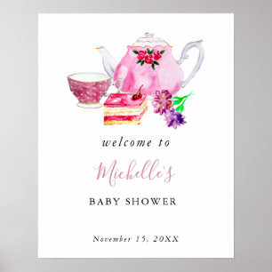 Affiche Bienvenue Baby Shower Tea Party Rose Aquarelle