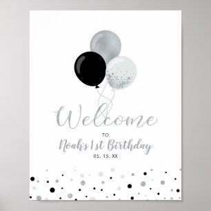 Affiche Bienvenue Ballons Argent & Noir Garçon 1er Anniver