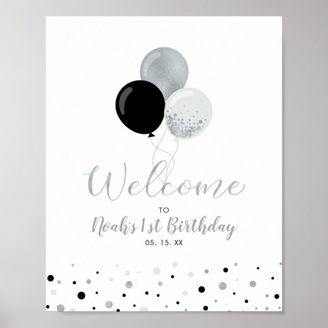 Affiche Bienvenue Ballons Argent & Noir Garçon 1er Anniver (Devant)
