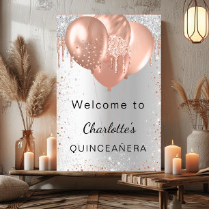Affiche Bienvenue ballons argent rose or Quinceanera
