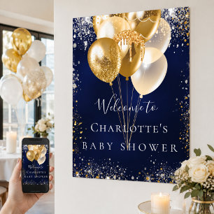 Affiche Bienvenue ballons bleus marine et or pour Baby Sho