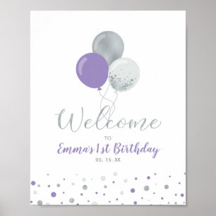Affiche Bienvenue Ballons Fille Argent & Violet 1er Annive