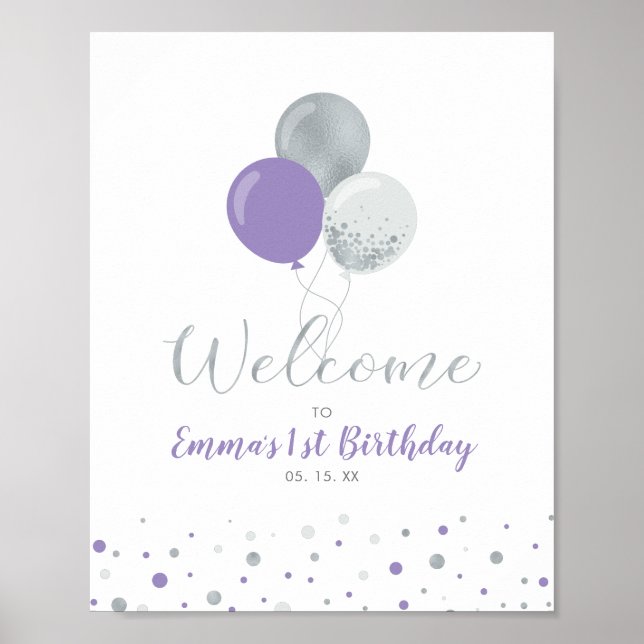 Affiche Bienvenue Ballons Fille Argent & Violet 1er Annive (Devant)