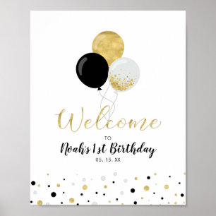 Affiche Bienvenue Ballons Or & Noir Garçon 1er Anniversair