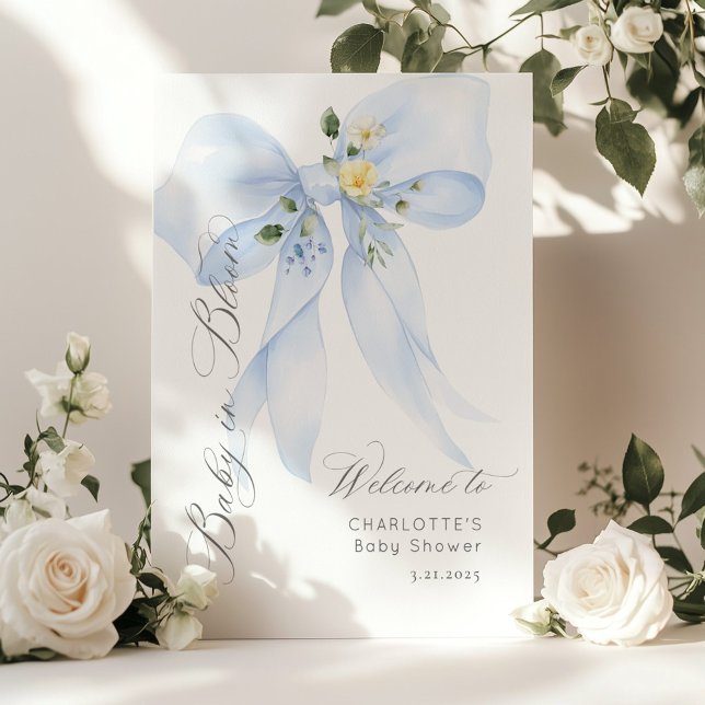 Affiche Bienvenue bébé au ruban bleu en fleurs Baby shower (Créateur téléchargé)