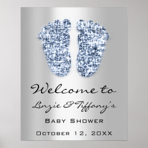 Affiche Bienvenue Bébé Bleu Pieds Baby Shower Garçon Argen