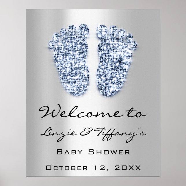 Affiche Bienvenue Bébé Blue  Feet Baby Shower Garçon Argen (Devant)