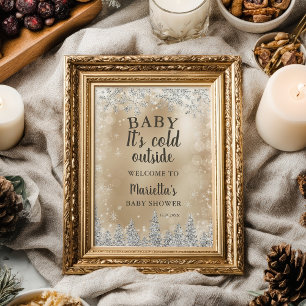 Affiche Bienvenue bébé douche argent neige pin doré en hiv