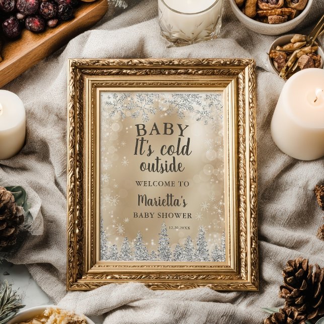 Affiche Bienvenue bébé douche argent neige pin doré en hiv (Winter silver snow pine gold welcome baby shower poster)