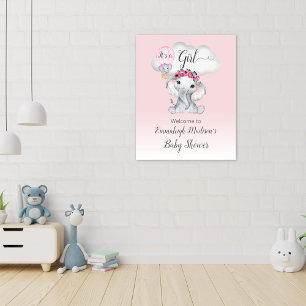 Affiche Bienvenue Bébé Fille Montgolfière Éléphant