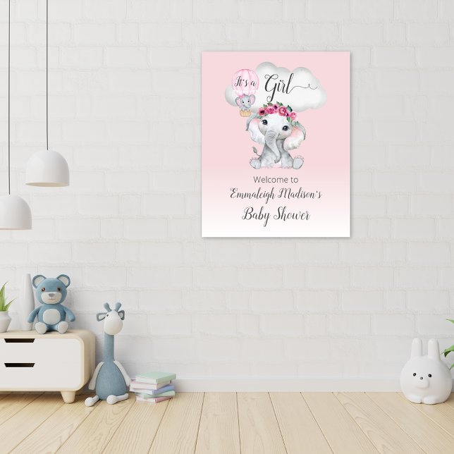 Affiche Bienvenue Bébé Fille Montgolfière Éléphant (Créateur téléchargé)