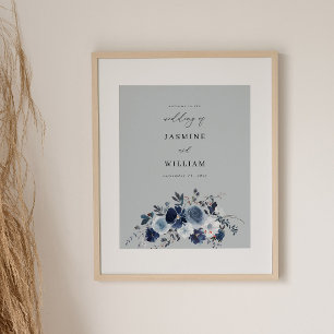 Affiche Bienvenue Bleu & Navy Floral Mariage - Gris Bleu