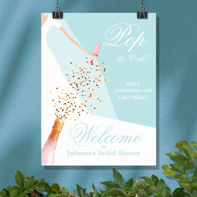 Affiche Bienvenue Bleu pour la Fête de Mariage (Sky blue bridal shower Welcome poster, PRINTED and/or INSTANT DOWNLOAD, features bride in her gown)