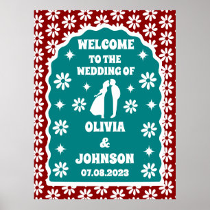 Affiche Bienvenue Bold Dark Red Retro Boho Daisy