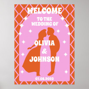 Affiche Bienvenue Bold rose orange rétro Boho Arch Mariage