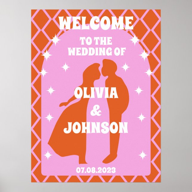 Affiche Bienvenue Bold rose orange rétro Boho Arch Mariage (Devant)